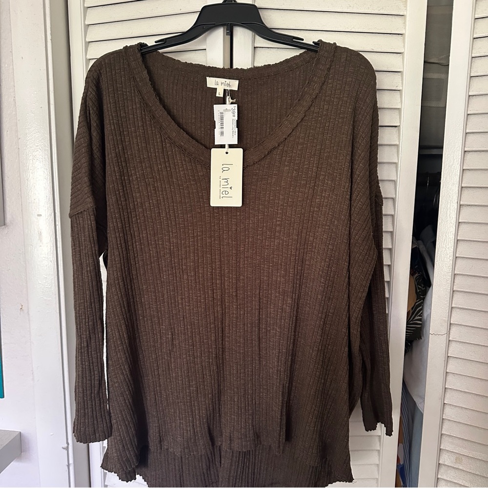 LA MIEL Olive Ribbed Knit Top